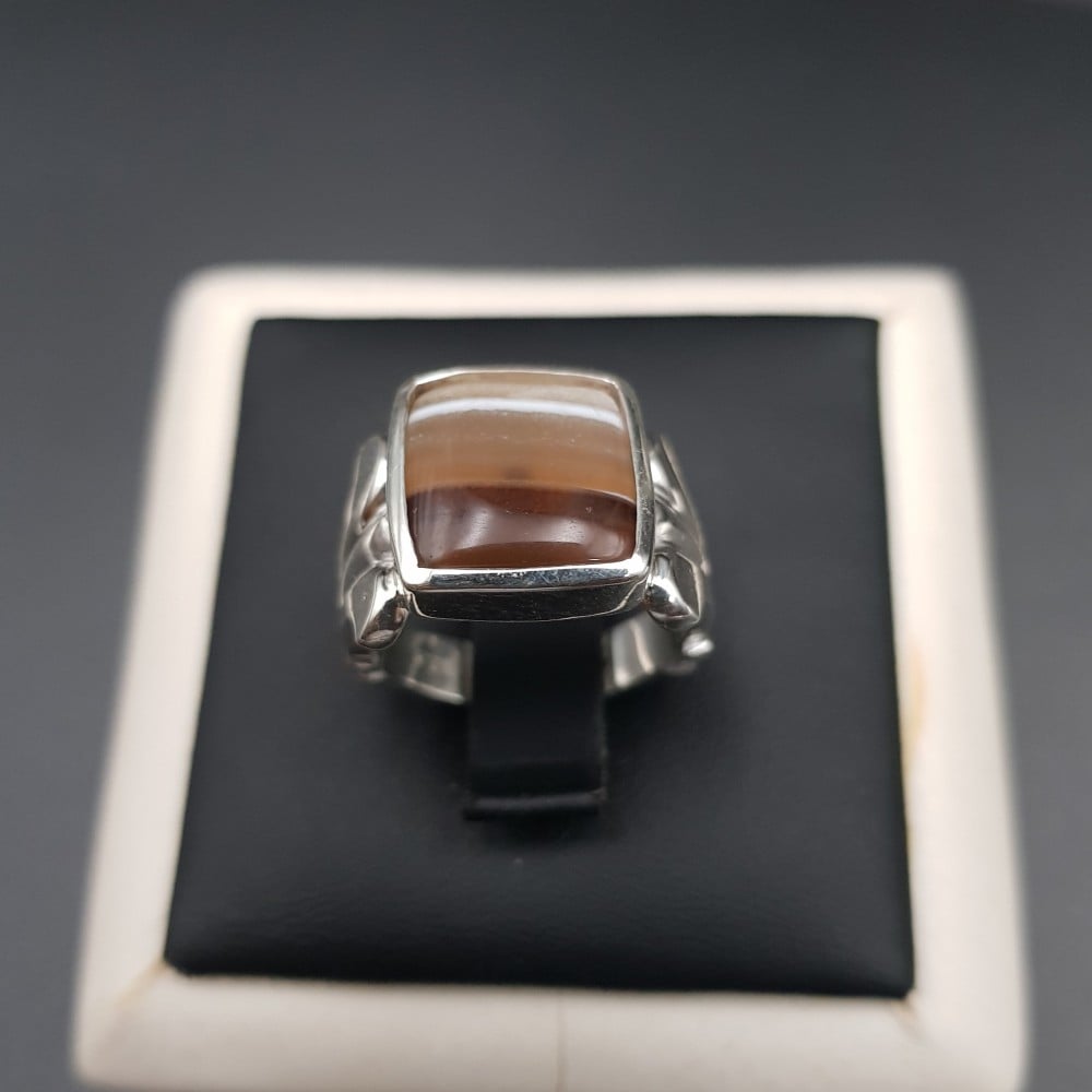 خاتم عقيق يماني مخطط فضة 925