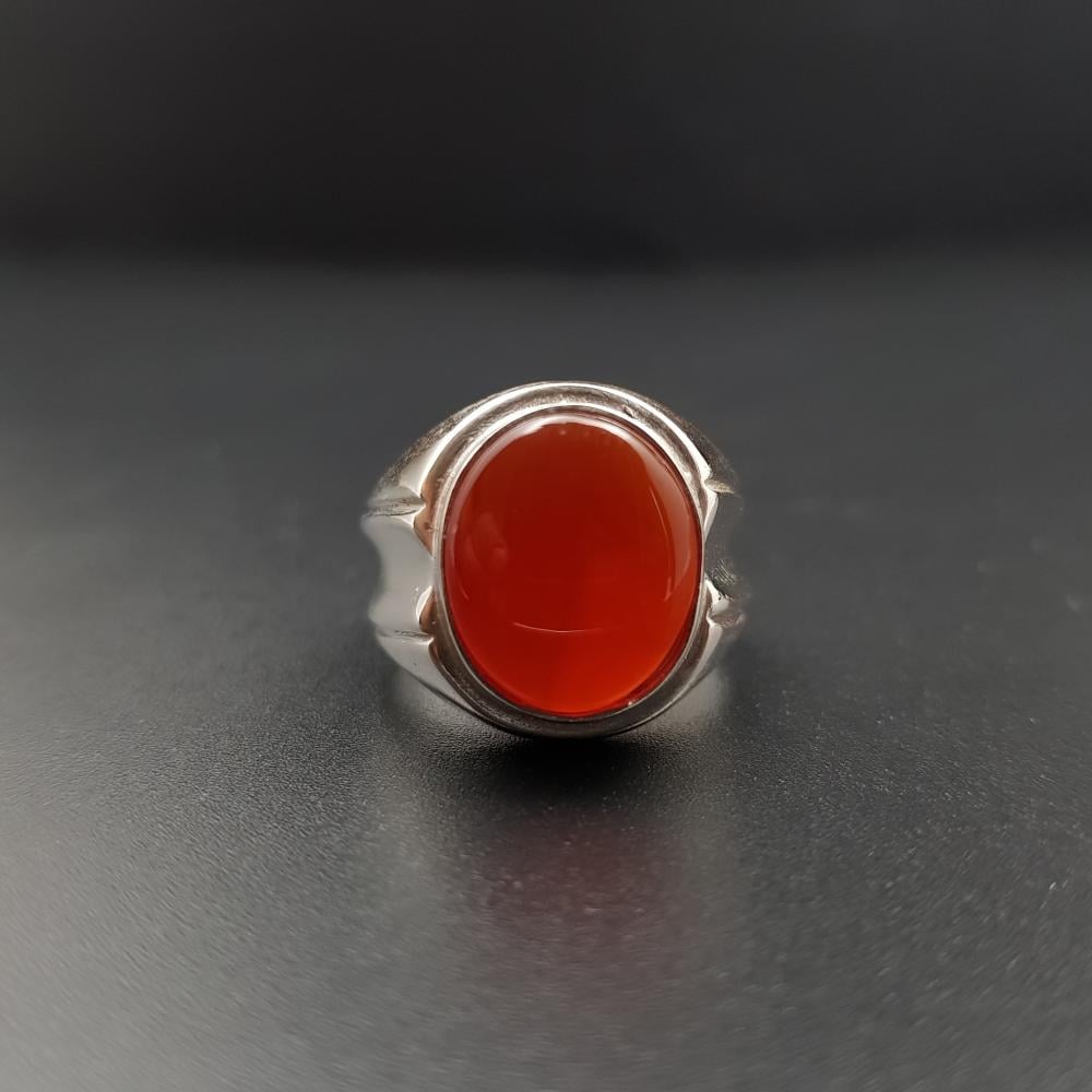 خاتم عقيق يماني طبيعي احمر فضة 925